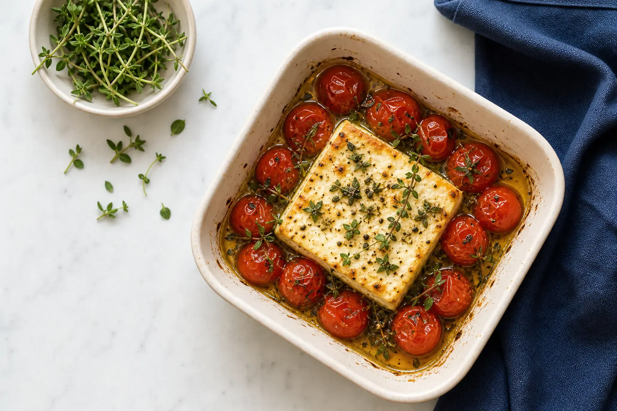 Gebackener Schafskäse mit Tomaten und Kräutern in einer Auflaufform, von oben fotografiert