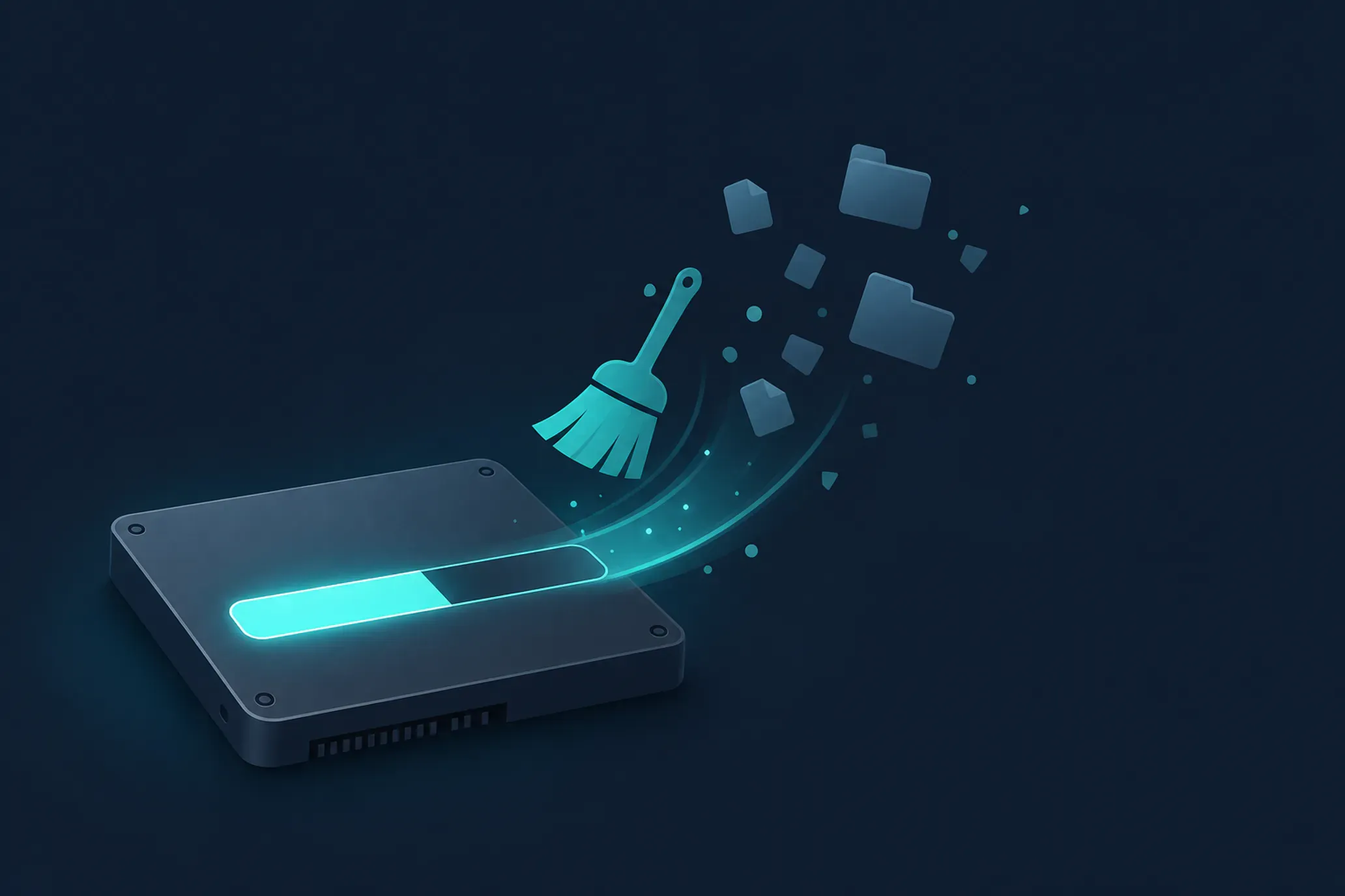 Illustration: Linux-/Ubuntu-Speicherplatz wird freigeräumt, Festplatte mit sich leerender Belegungsanzeige