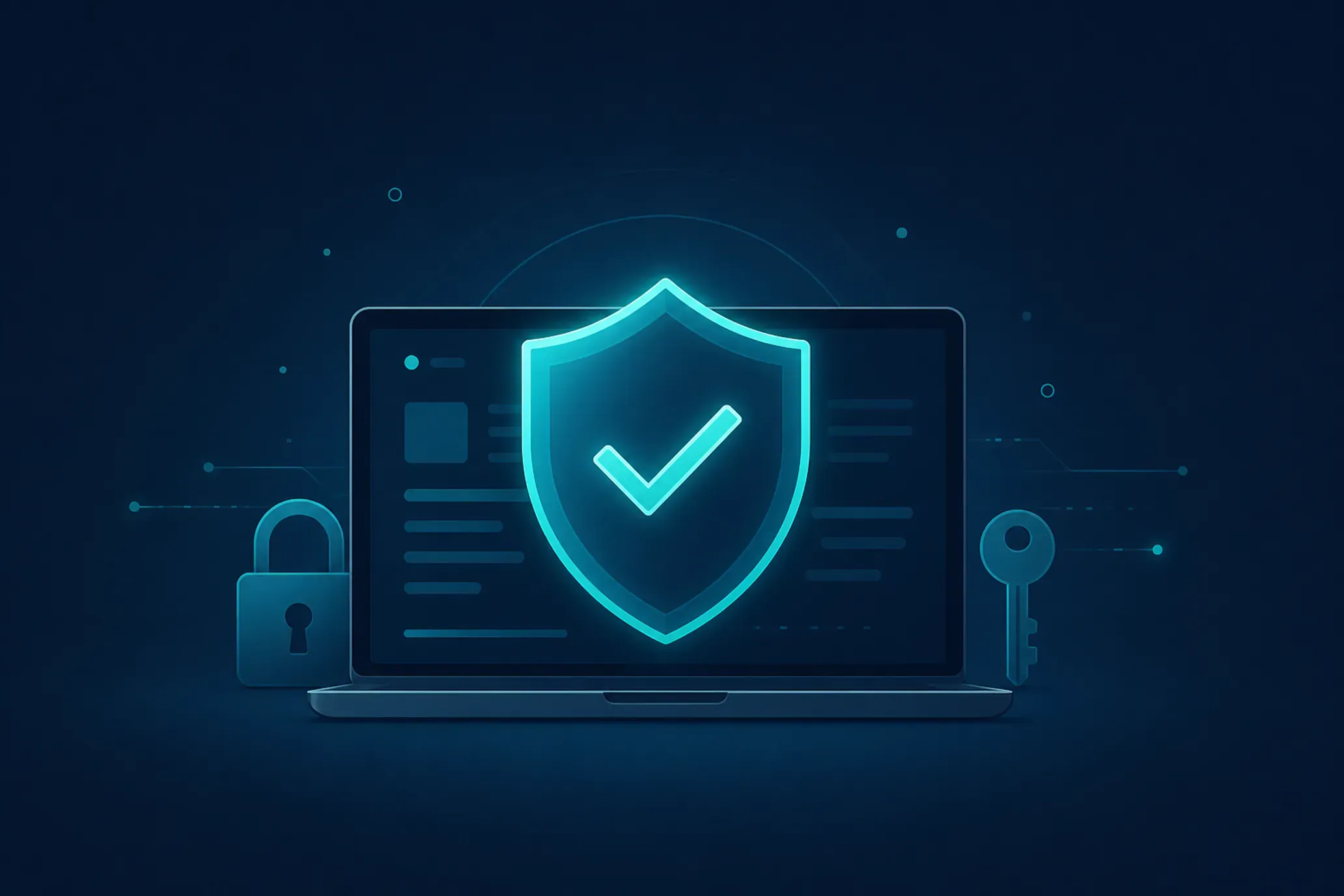 Illustration: Schutzschild mit Häkchen vor einem Laptop als Symbol für Windows-11-Sicherheit